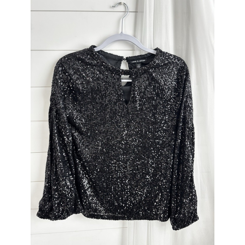 Cable & Gauge Women Black Sequins Keyhole V-Neck‎ Spilt Sleeve Blouse Sz M 0430